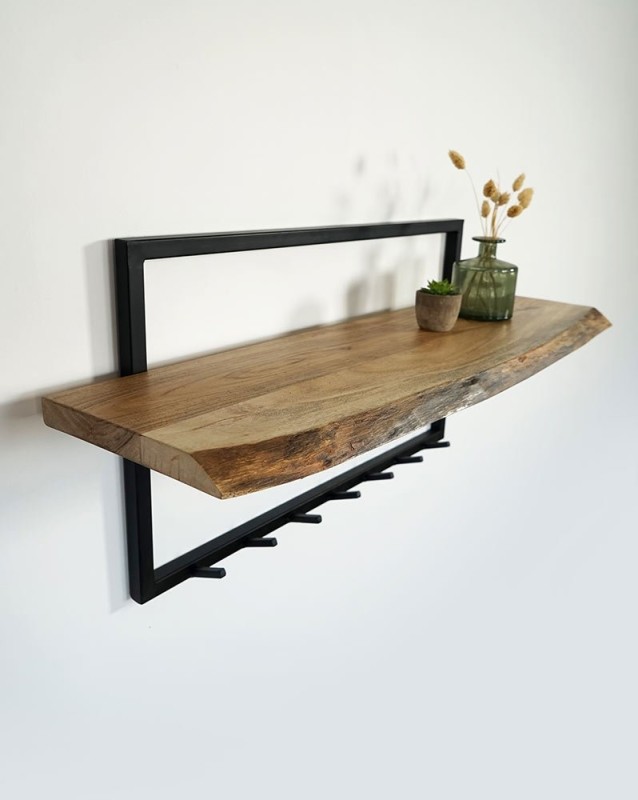Porte manteau industriel bois massif et métal 7 crochets