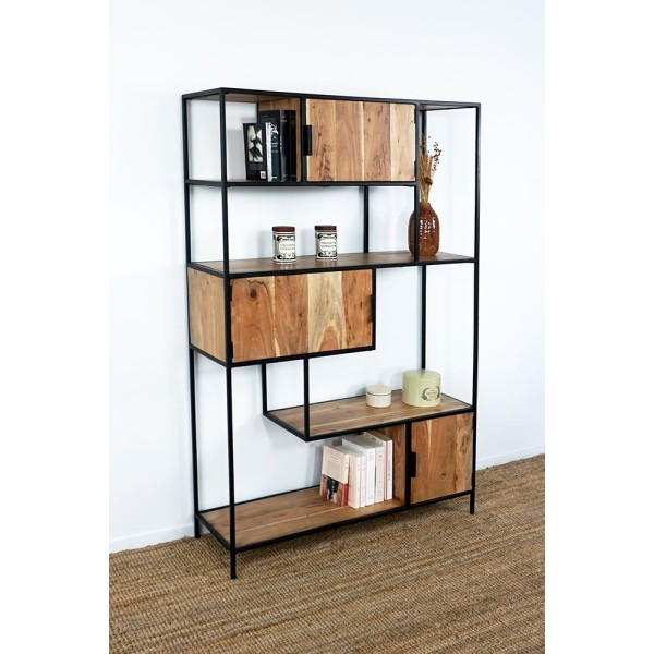 Etagère bibliothèque industrielle bois et métal avec portes