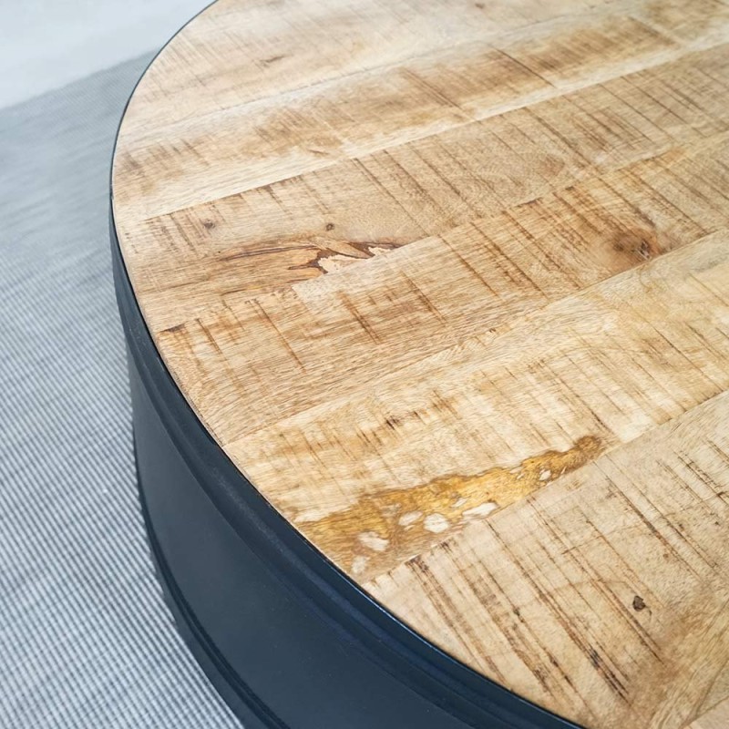 Table basse ronde industrielle vintage en bois massif et métal - Bric-broc