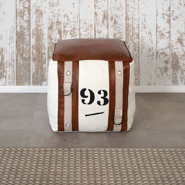 Pouf en cuir et tissu de style vintage "93"