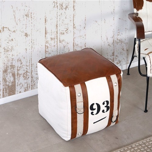 Pouf en cuir et tissu de style vintage "93"