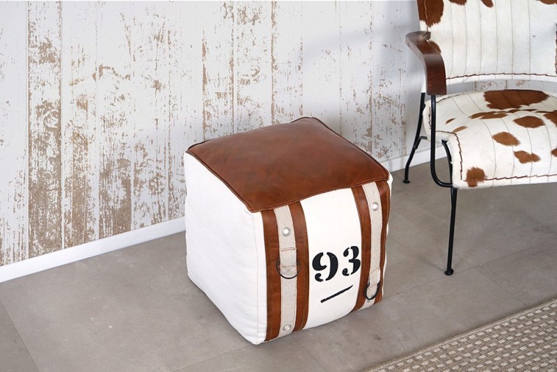 Pouf en cuir et tissu de style vintage "93"