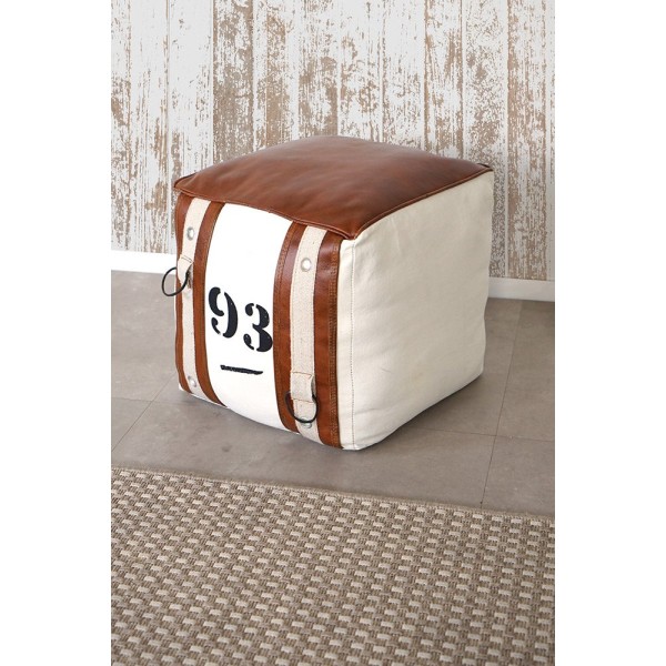 Pouf en cuir et tissu de style vintage "93"