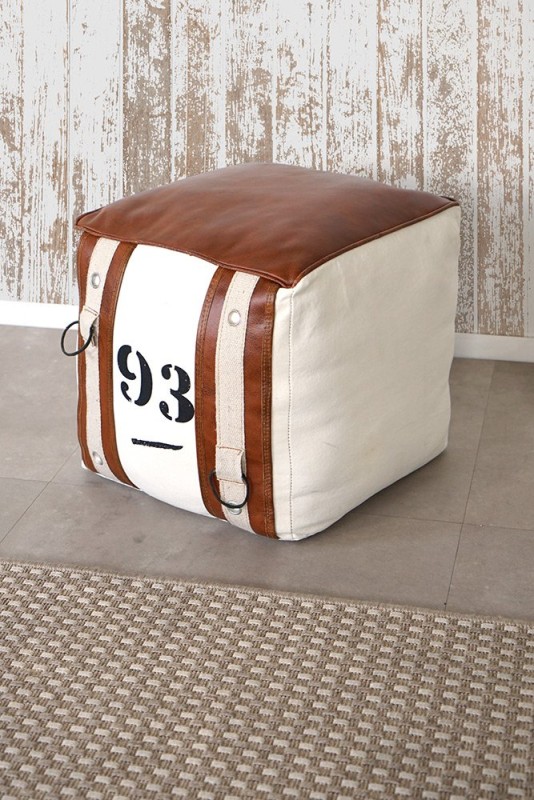 Pouf en cuir et tissu de style vintage "93"
