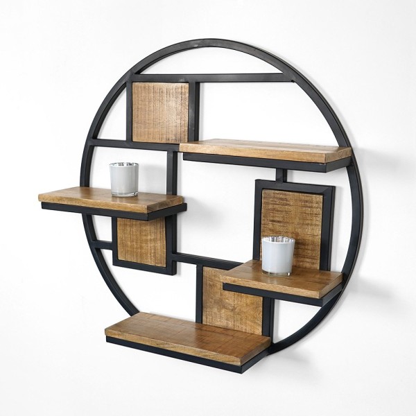 Etagère ronde en métal et bois massif