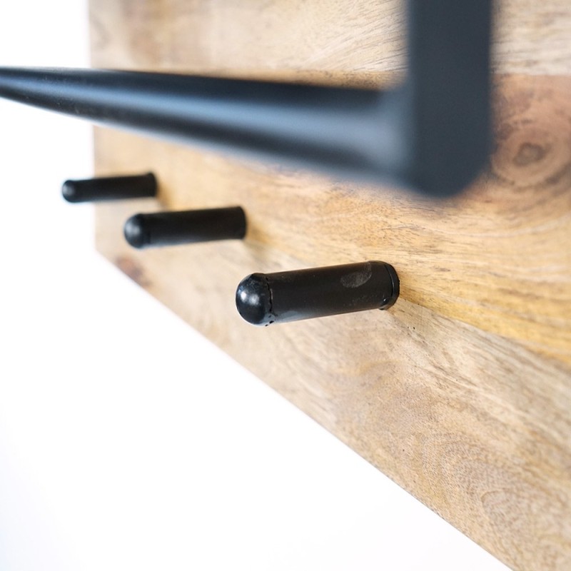 Patère murale en bois massif avec étagère métallique et 3 crochets