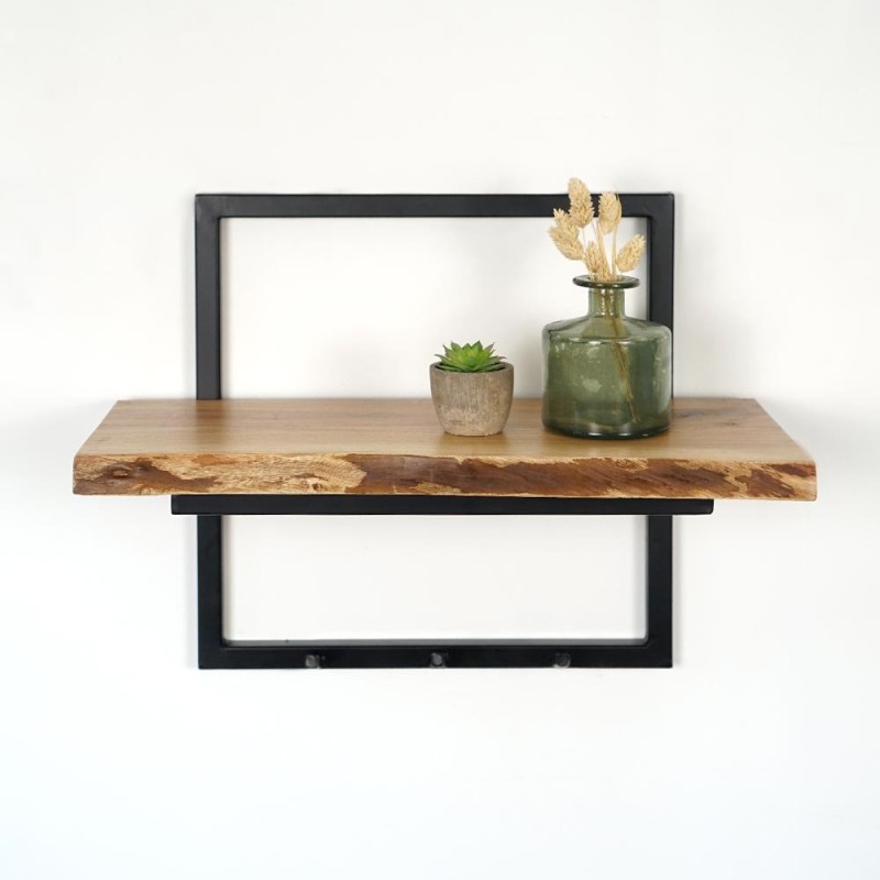 Porte manteaux mural bois massif et métal 3 crochets