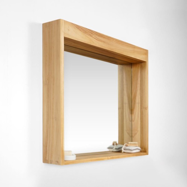 Miroir rectangulaire 90 cm cadre en teck massif avec emplacement lampes