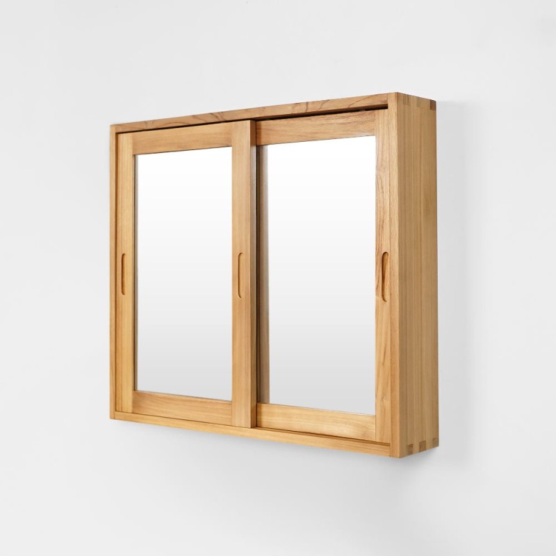 Armoire salle de bain 80cm teck massif portes coulissantes avec miroir