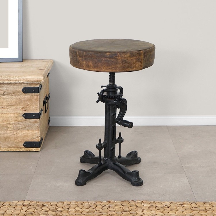 Tabouret industriel réhaussable à manivelle avec assise en cuir synthétique