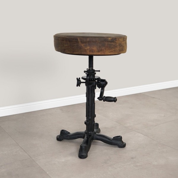 Tabouret industriel réhaussable à manivelle avec assise en cuir synthétique