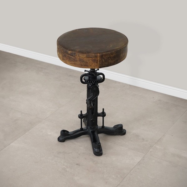 Tabouret industriel réhaussable à manivelle avec assise en cuir synthétique