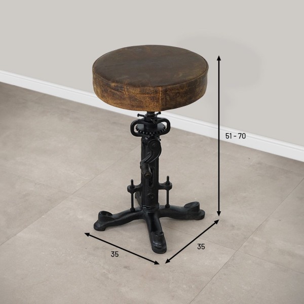 Tabouret industriel réhaussable à manivelle avec assise en cuir synthétique