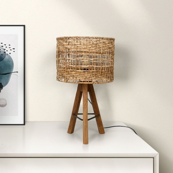 Lampe à poser en teck recyclé et rotin