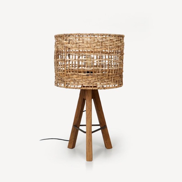 Lampe à poser en teck recyclé et rotin